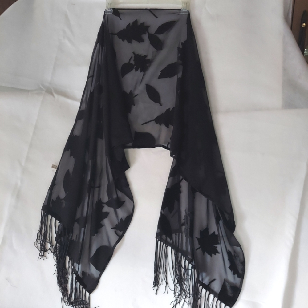 Black sheer and Leaf pattern scarf with fringe